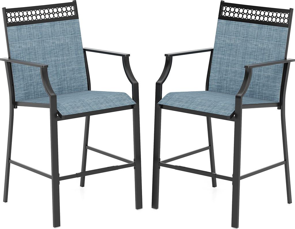 2er Set Terrassenstühle, 2er Set Barhocker aus Stoff, Terrassenstühle mit Fußstütze, hoher Rückenlehne & Armlehnen, stabiler Metallrahmenstuhl