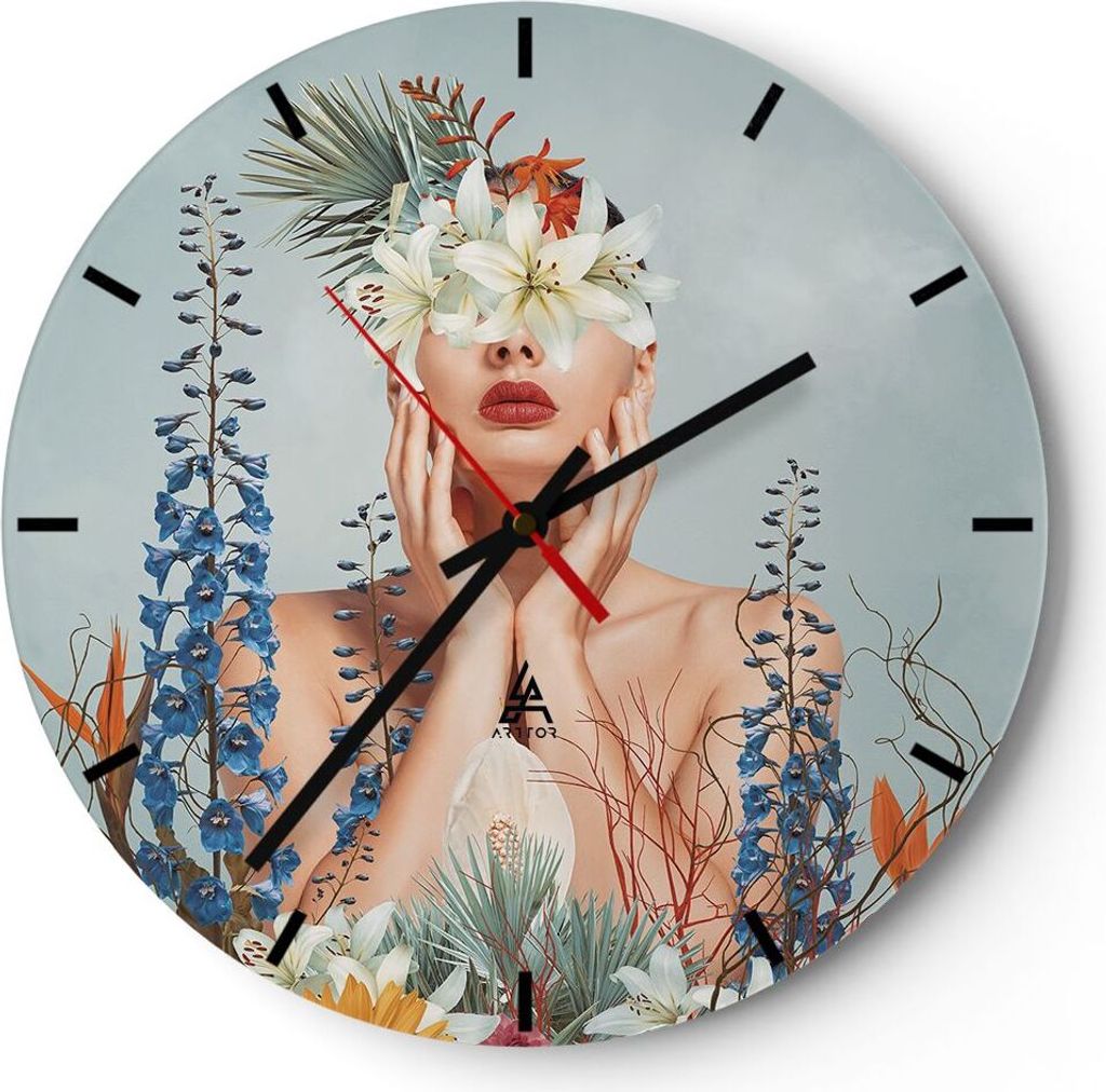 Wanduhr - Rund - Glasuhr - Surreal Frau Blumen - 40x40cm - Schleichendes Uhrwerk - Lautlos - zum Aufhängen bereit - Dekoration Modern - Wanddekora...