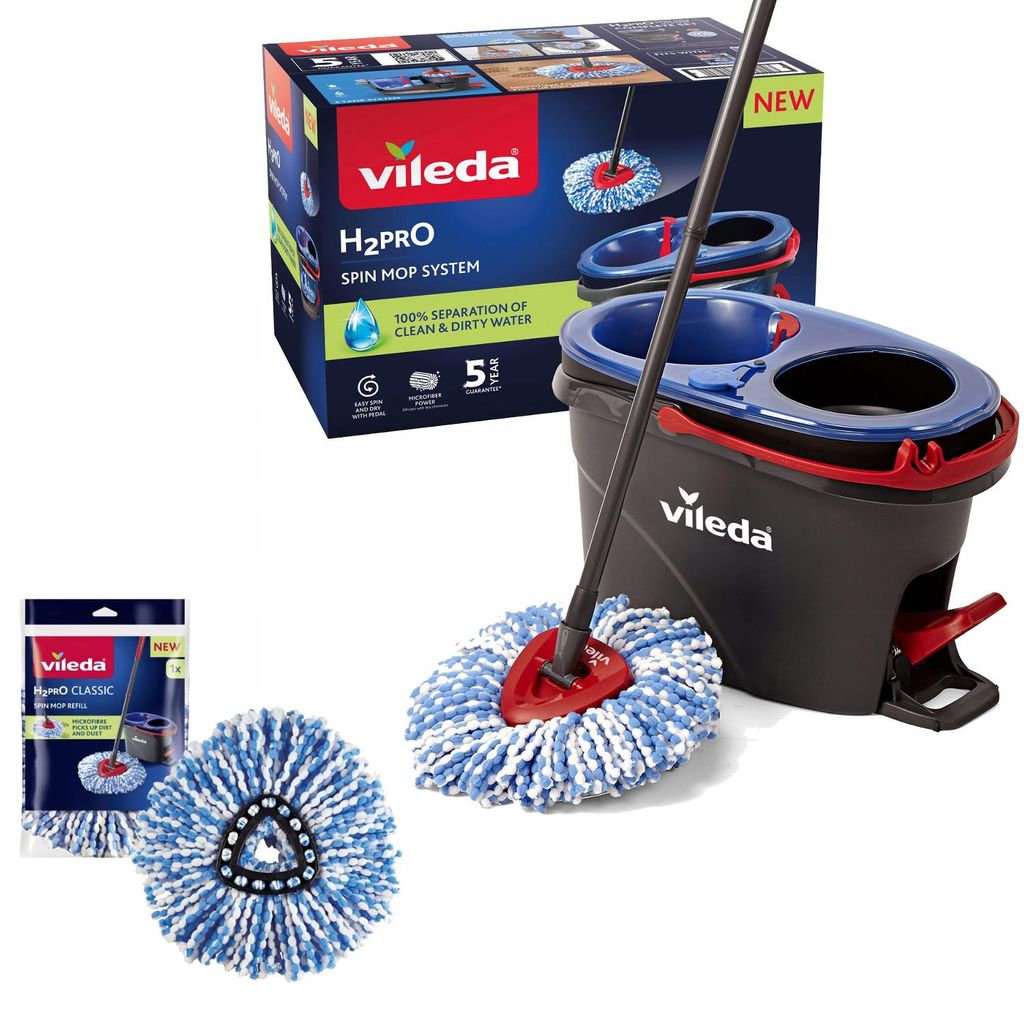 A Vileda H2PRO Spin Mop System with a bucket and mop head, along with a package of extra mop heads.