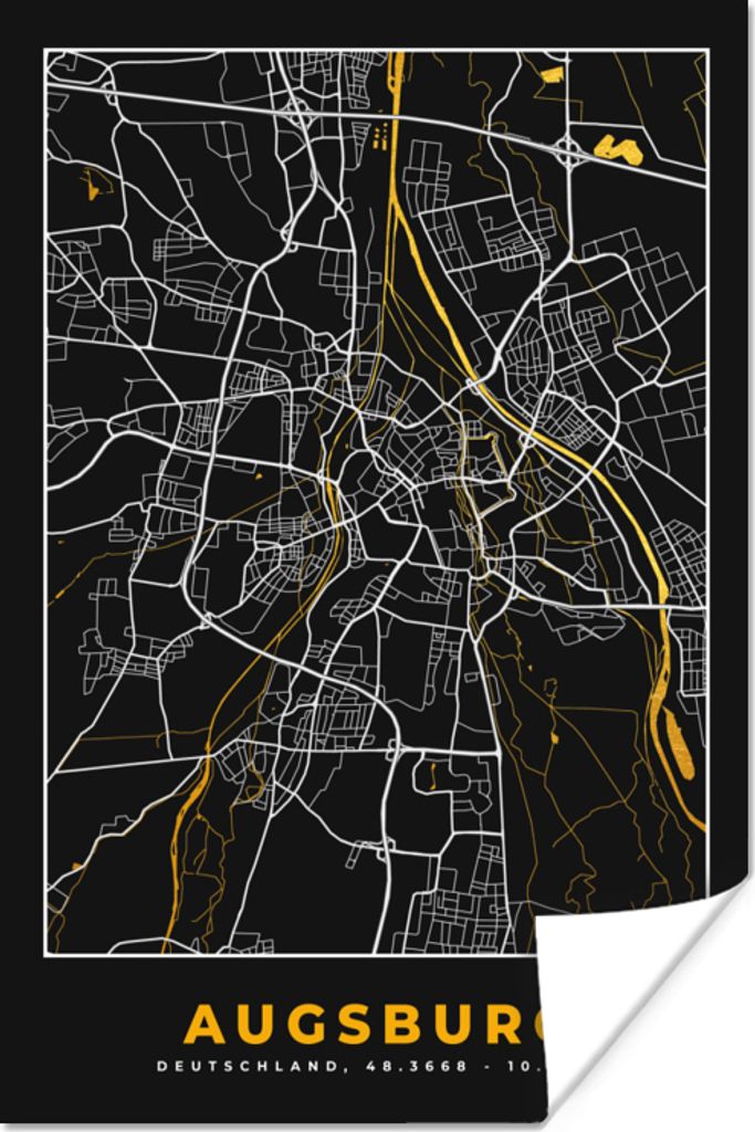 MuchoWow Poster Augsburg - Stadtplan - Gold - Karte - Deutschland 80x120 cm - Papierdruck