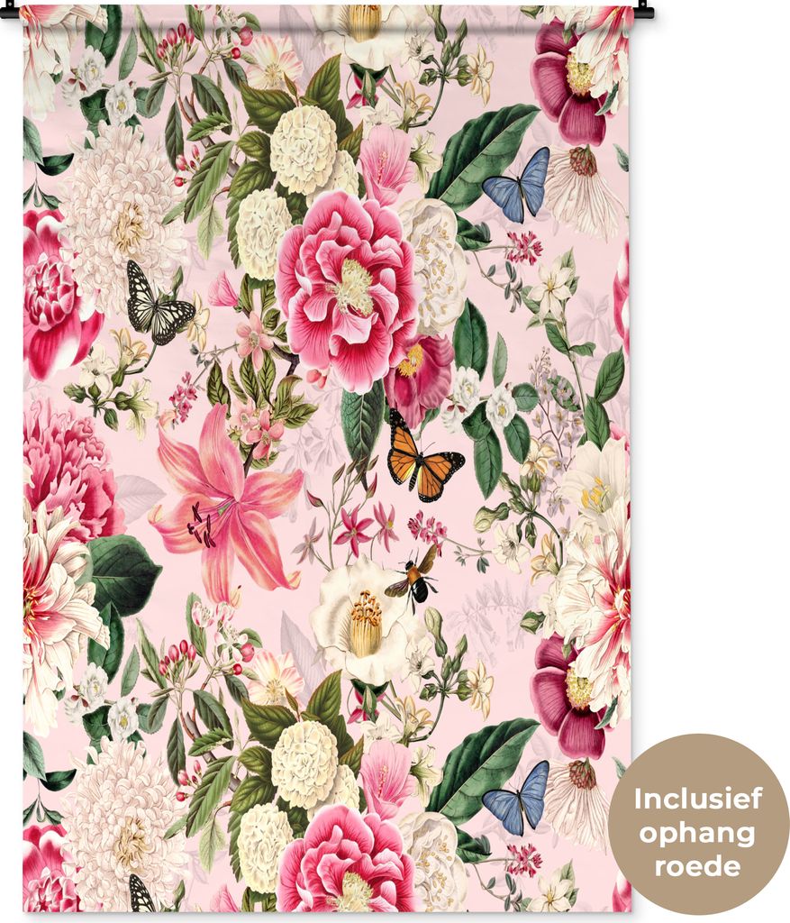 MuchoWow Wandteppich Wandbehang Blumen - Schmetterlinge - Hortensie 120x180 cm Tapisserie Dekoration Wandtuch - Schlafzimmer - Dekorationen für ...
