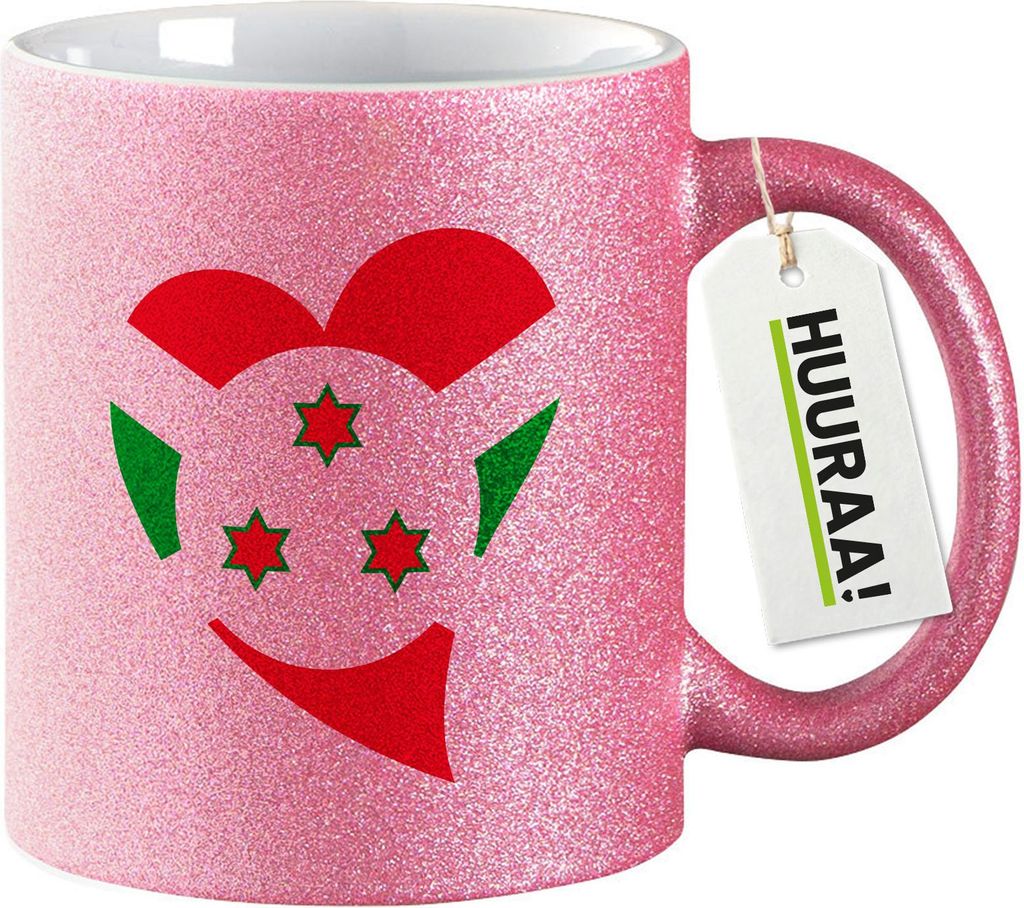 Huuraa Glitzertasse Burundi Flagge Herz 330ml Pink Keramik Kaffeebecher Geschenkidee