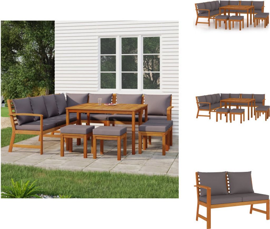 vidaXL 11-tlg. Garten-Essgruppe mit Kissen Massivholz Akazie - Gartenmöbel-Sets