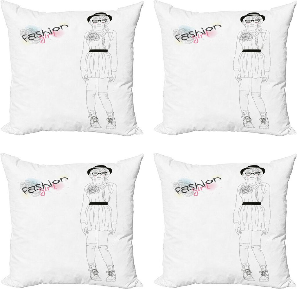 ABAKUHAUS Teen Zimmer Kissenbezug Set (4 Stück), Junges Mädchen mit Hut, Moderner Doppelseitiger Digitaldruck, 50 cm x 50 cm, Schwarz und weiß
