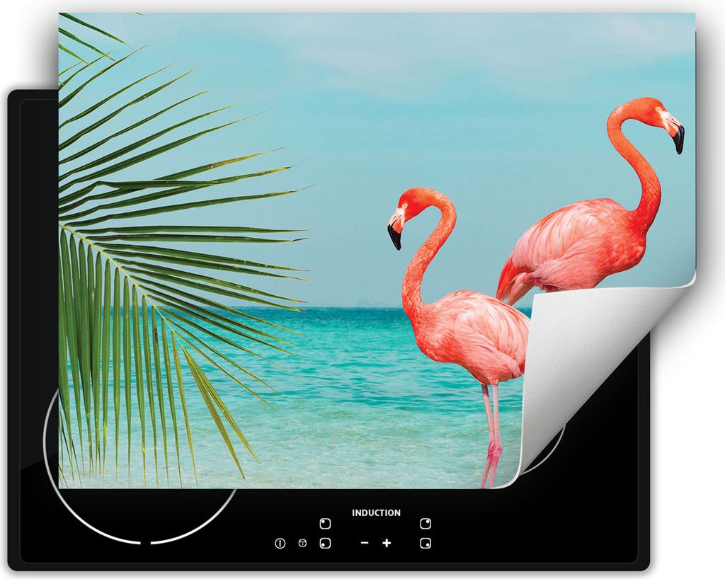 DarHaus Herdabdeckplatte 70x52 cm Anti Rutsch Matte Aufrollbar, Strand - Flamingo