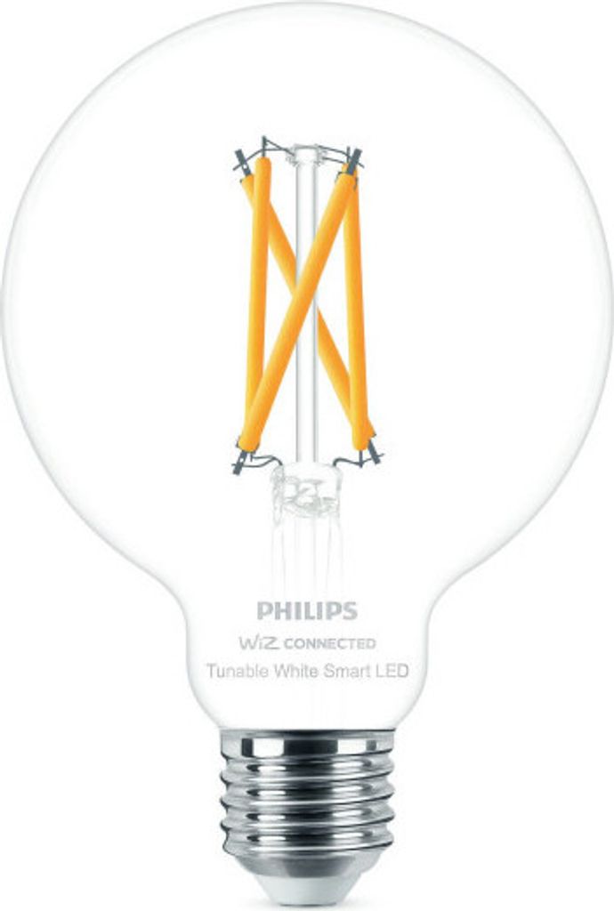 A studio shot of a transparent smart LED light bulb with visible filament.