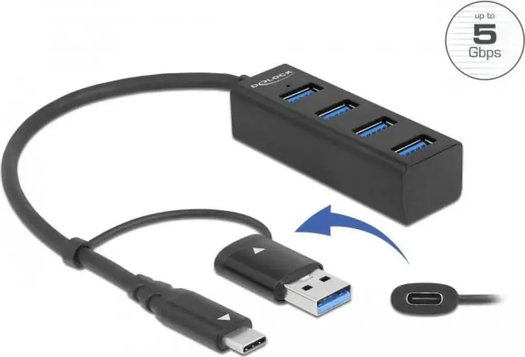 Hub USB 4 ports pour PC et MacBook - Solution USB-C et USB-A 5 Gbps noire