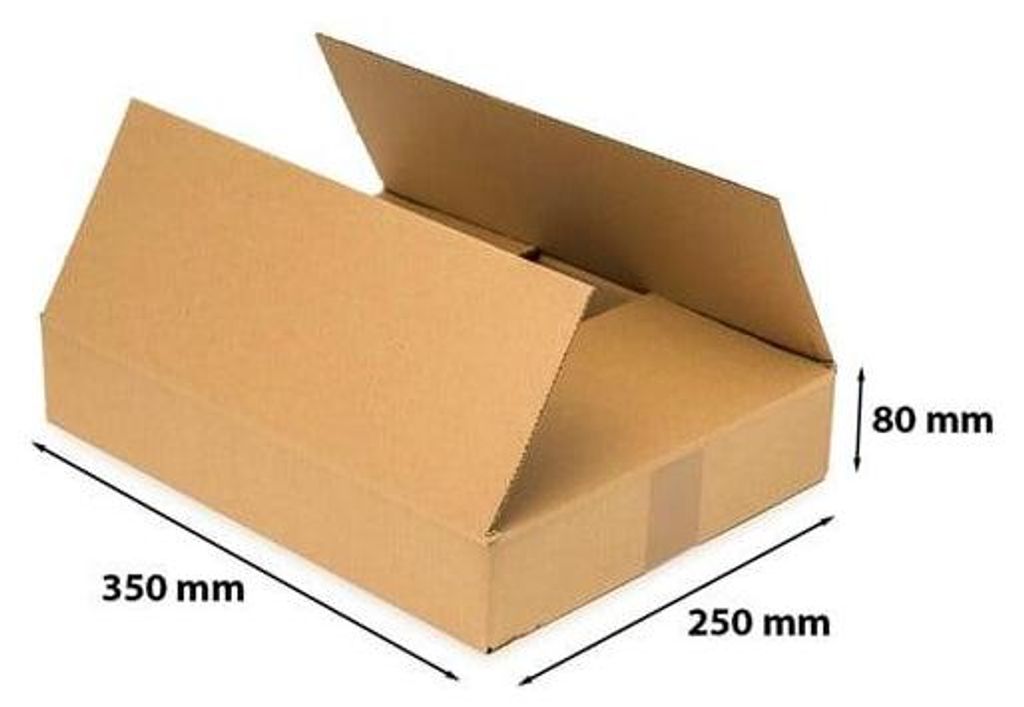 A brown cardboard box with its flaps open, showing dimensions.