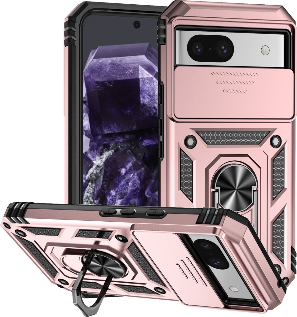 Google Pixel 8A Hülle mit Schiebe Kamera Schutz und Ringhalter Ständer Schutzhülle für Google Pixel 8A Rosa