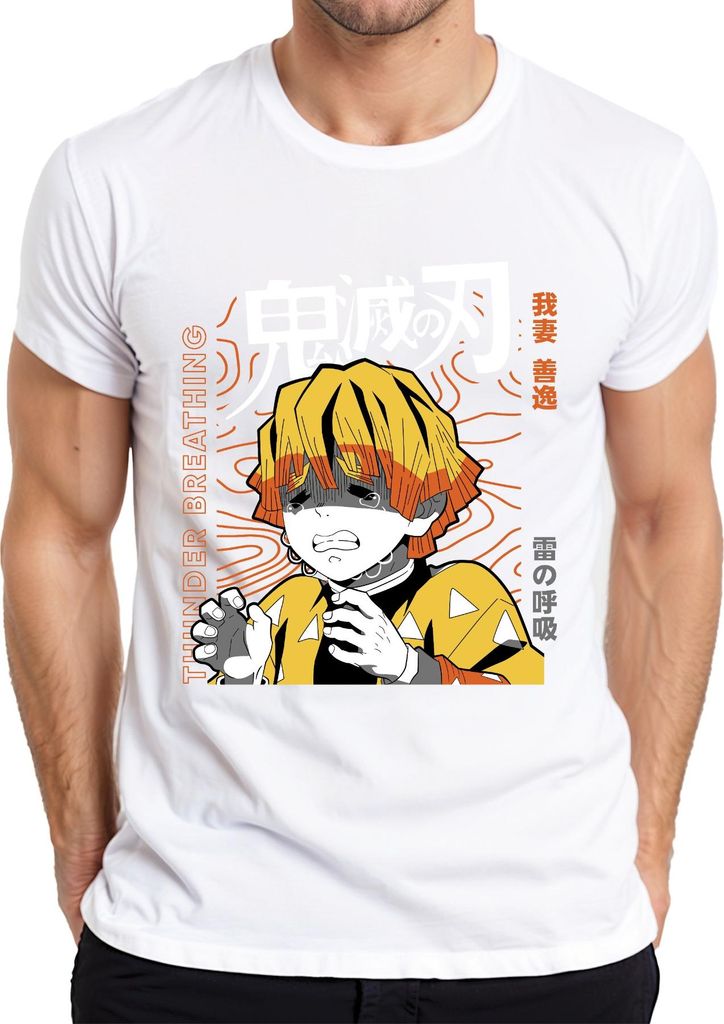 Zenitsu Demon Slayer Anime Manga weinend Blitz Geschenk Japan Y2K Streetwear Herren T-Shirt, Weiß, S