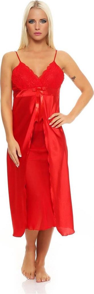Damen langes Negligé Nachtwäsche Nachtkleid Dessous Satin; Rot M