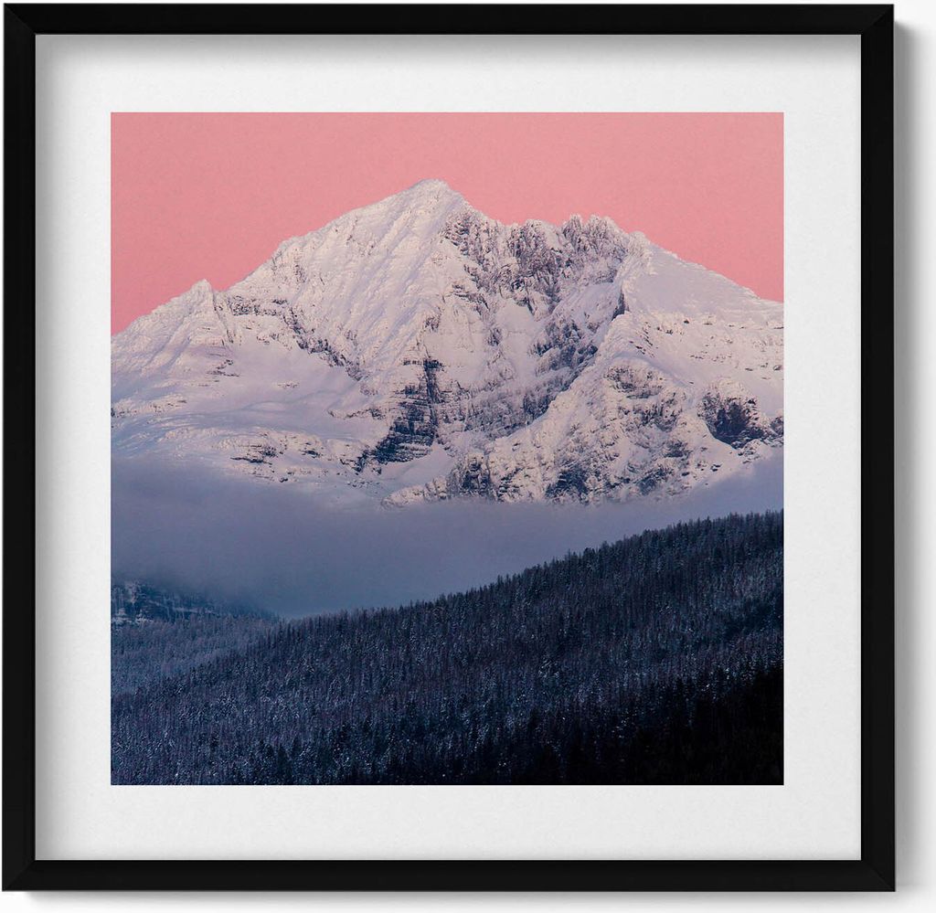 Wald und schneebedeckter Gipfel– Wandbild mit Rahmen – Gerahmtes Bild – Wanddekoration – 50x50 cm – Schwarz Rahmen