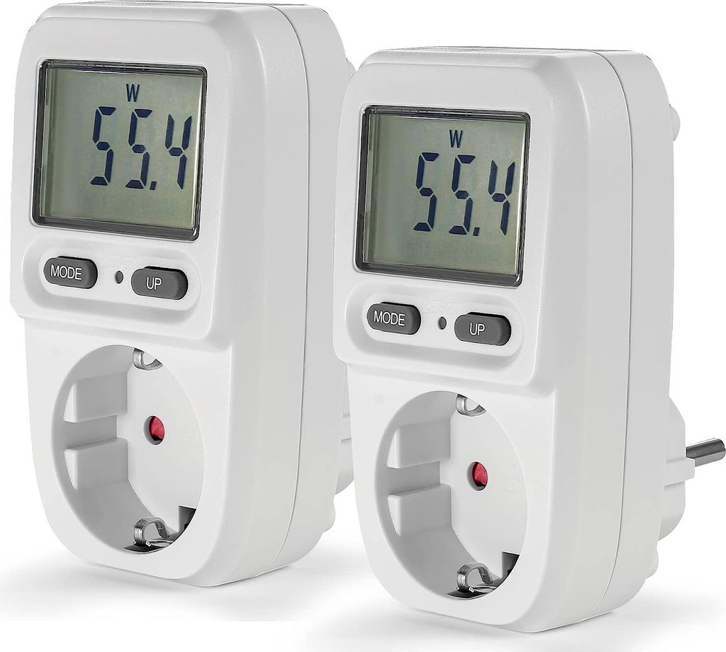 2er Set Energiekostenmessgerät Steckdose mit Display - Strommesser Verbrauchsmessgerät bis 3680 Watt, Weiß