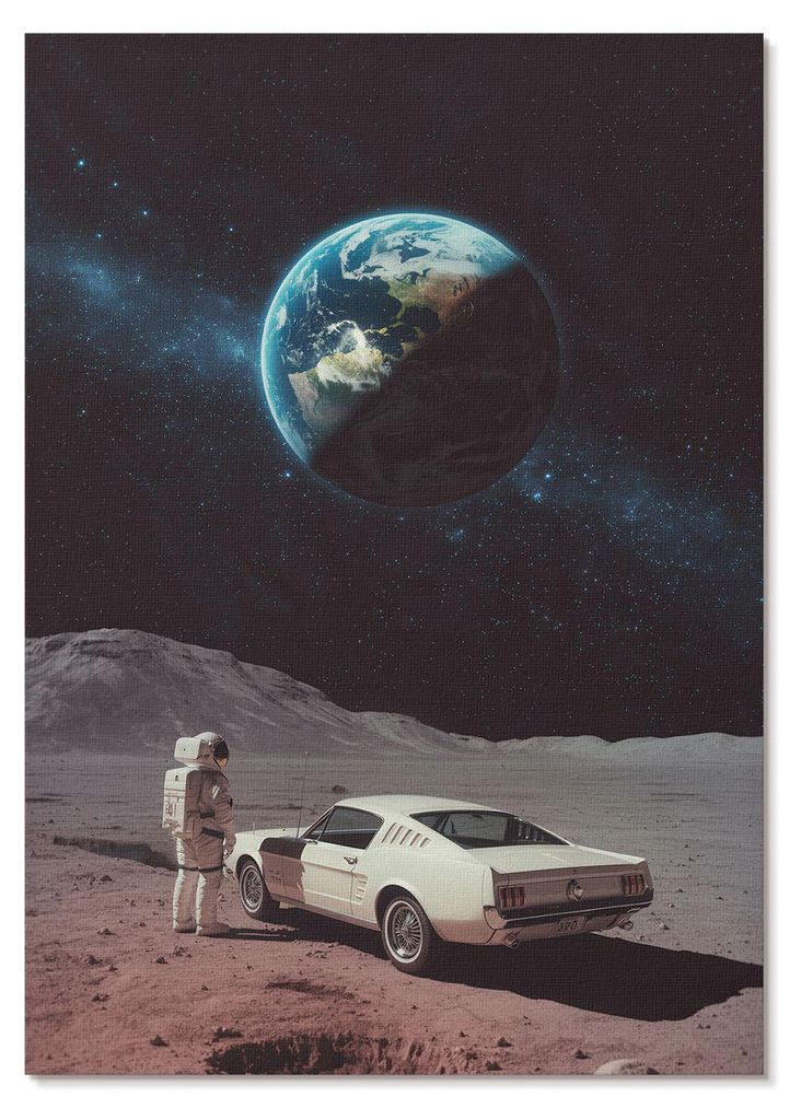 POSTER - 59x84 cm (A1) - Vinci Group - Astronaut auf dem Mond, Auto, Erde, Sterne - Wandbild für Wohnzimmer Schlafzimmer & Flur, Modernes Poster W...