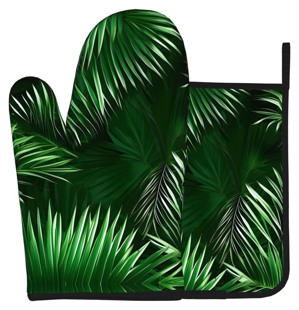 Grüne Blätter der Palme, tropische Pflanzen, 2 Stück Ofenhandschuhe und Topflappen, lange, flexible, dicke Handschuhe zum Kochen, Backen, Grillen