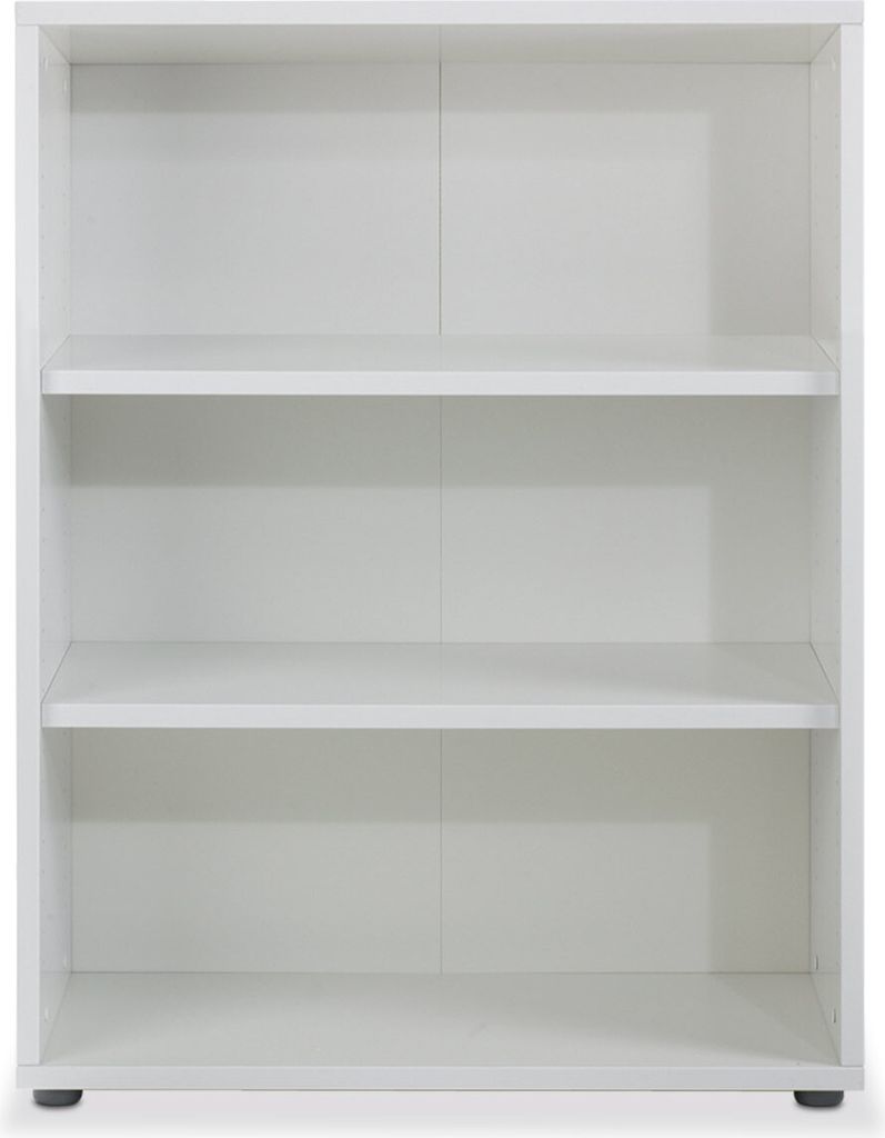 An empty white bookshelf with three shelves.