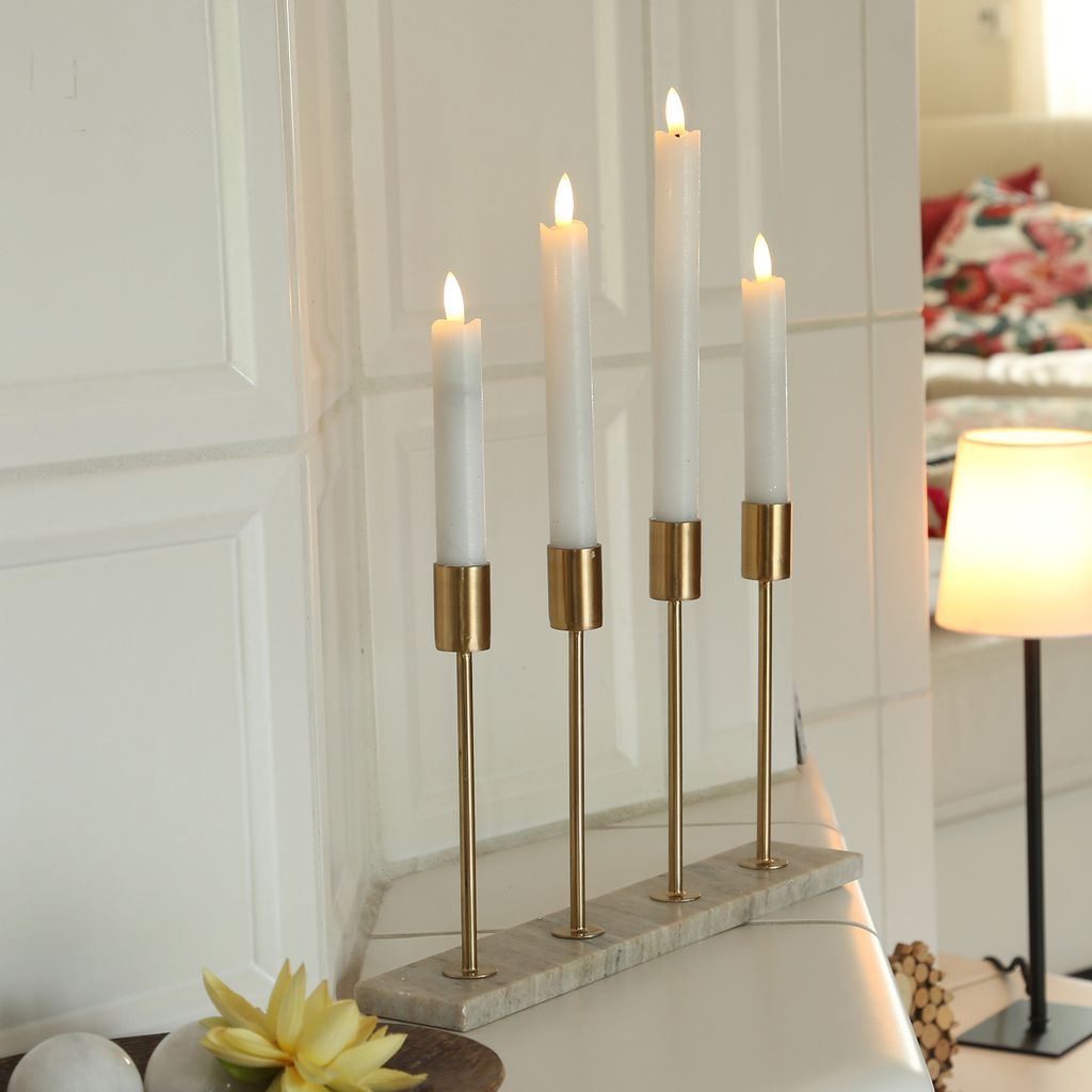 Stabkerzenhalter - Kerzenständer - Marmorplatte - 4 goldfarbene Kerzenhalterungen - H: 20cm - beige