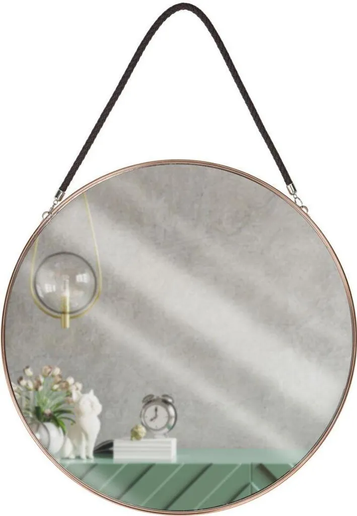 Miroir décoratif rond or rose 38 cm pour entrée, suspension cuir chic