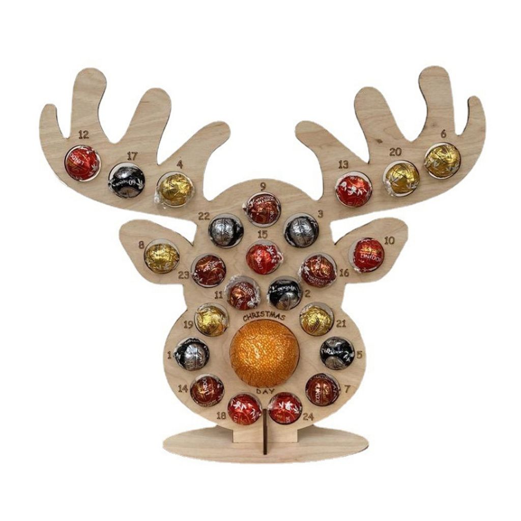 Adventskalender aus Holz, Weihnachtsbaum-förmiger Hirschkopf-Ständer, Schokoladen- und Süßigkeitenständer mit 24 Löchern für Partydekoration