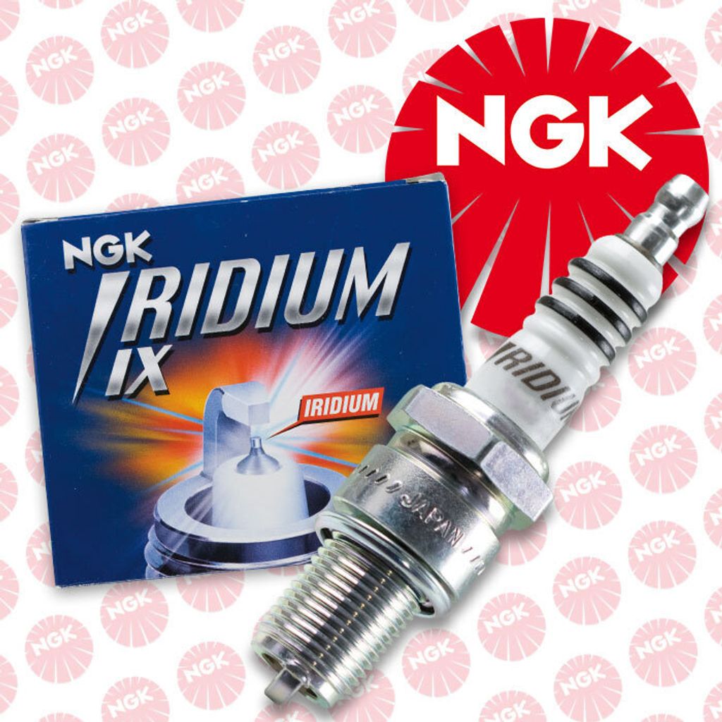 A product shot of a NGK Iridium IX spark plug next to its packaging, with the NGK logo prominently displayed.