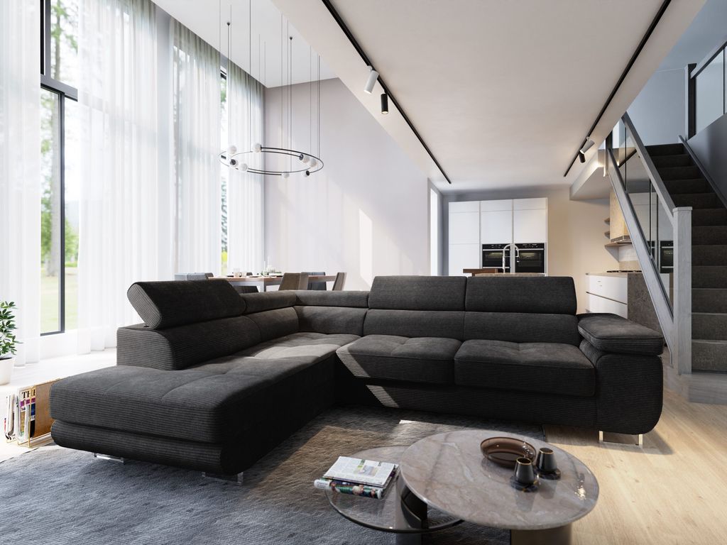 Masseno Ecksofa APIRO L-S mit Schlaffunktion L-Form, Sofa mit Bettkasten, Wohnzimmersofa, Couch, Soffa, Bettsofa, Couchgarnitur- Schwarz, POSO 135