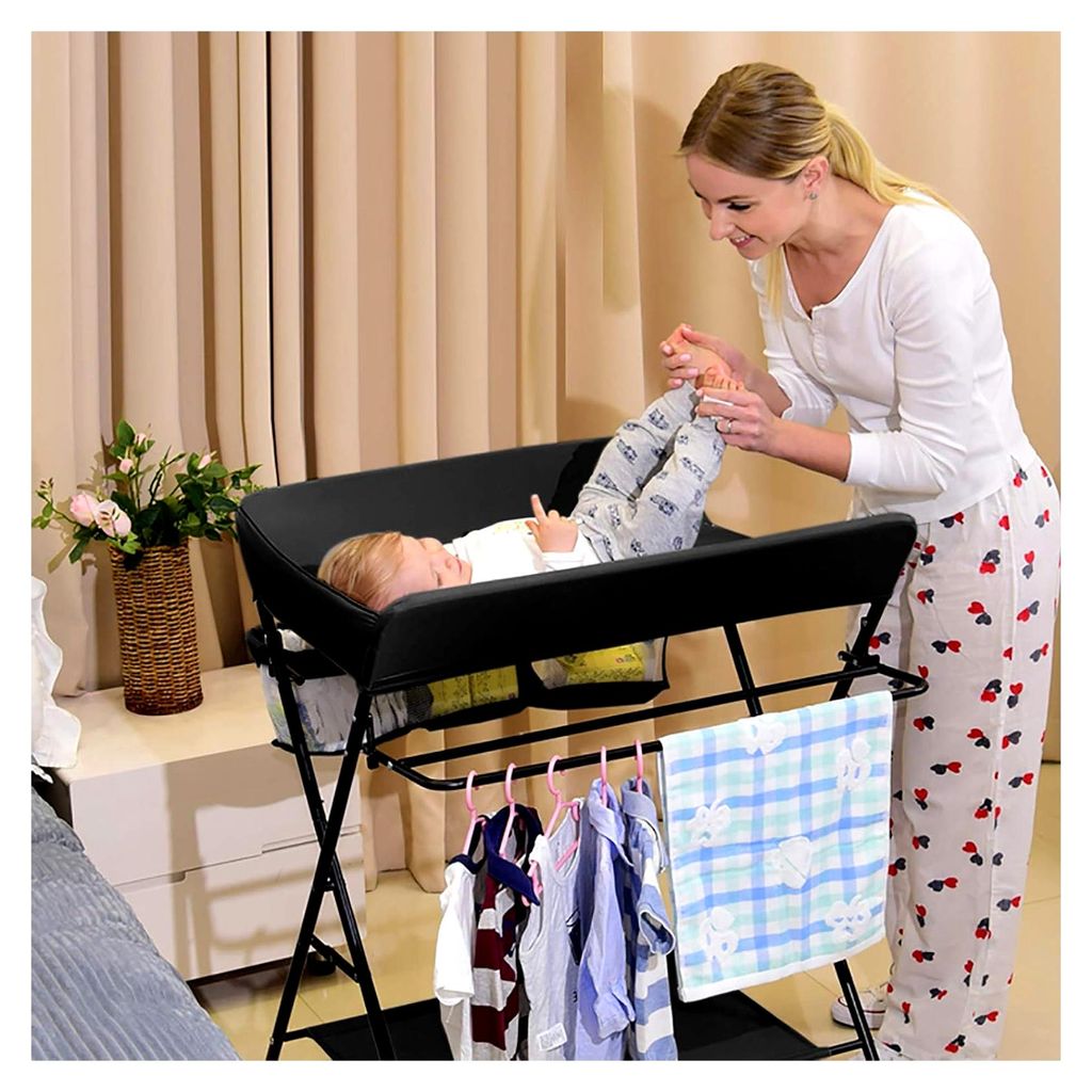 Klappbarer Wickeltisch, Baby Wickelkombi Wickelkommode mit Handtuchhalter, Sicherheitsgurt und Ablagefächern, Mobiler Wickeltisch platzsparend, st...