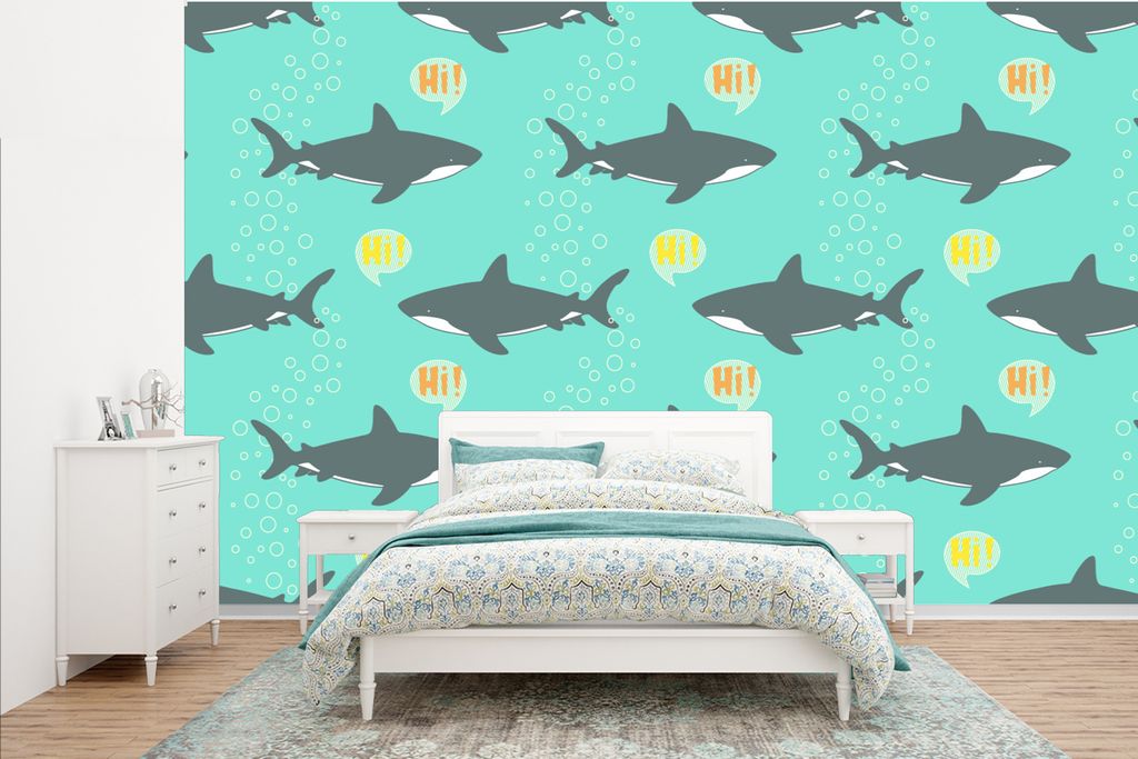 MuchoWow Fototapete für Wohnzimmer oder Schlafzimmer Wandtapete Vinyl Motivtapete Muster - Wasser - Hai - Jungen - Kind - Kinder - 385x240 cm - ...