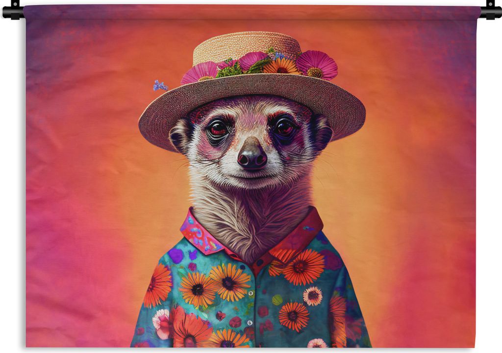 MuchoWow Wandteppich Wandbehang Erdmännchen - Blumen - Hut - Tiere - Porträt 60x45 cm Tapisserie Dekoration Wandtuch - Das Schlafzimmer