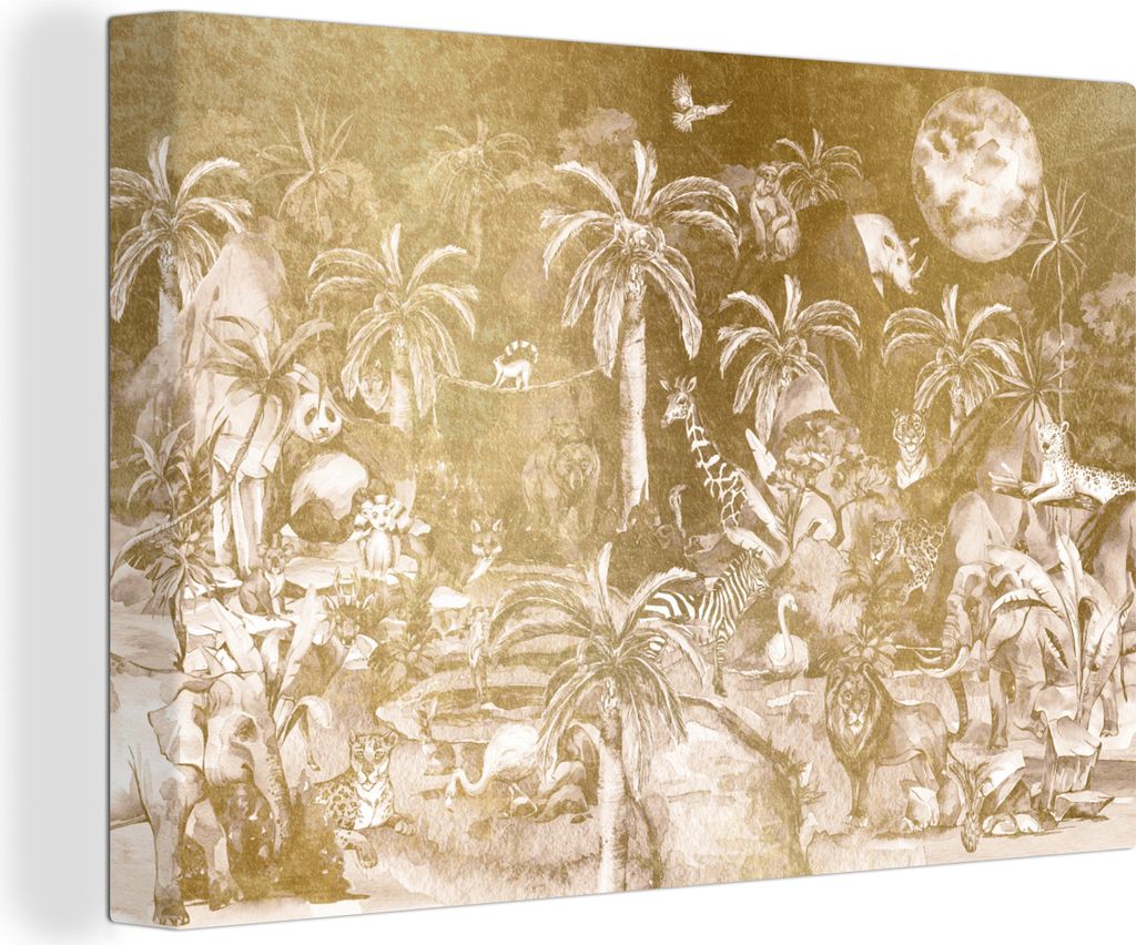 OneMillionCanvasses - Leinwandbilder - 140x90 cm, Dschungel - Gold - Kinder - Pflanzen - Tiere, Wandbilder Kunstdruck Wanddekoration - Foto auf L...