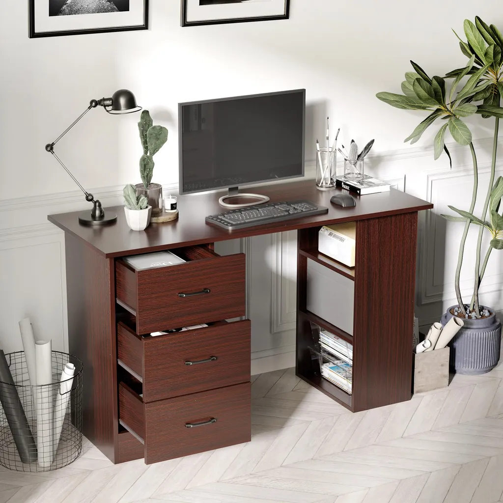 Table informatique réversible avec tiroirs et étagères, bois noyer - 9