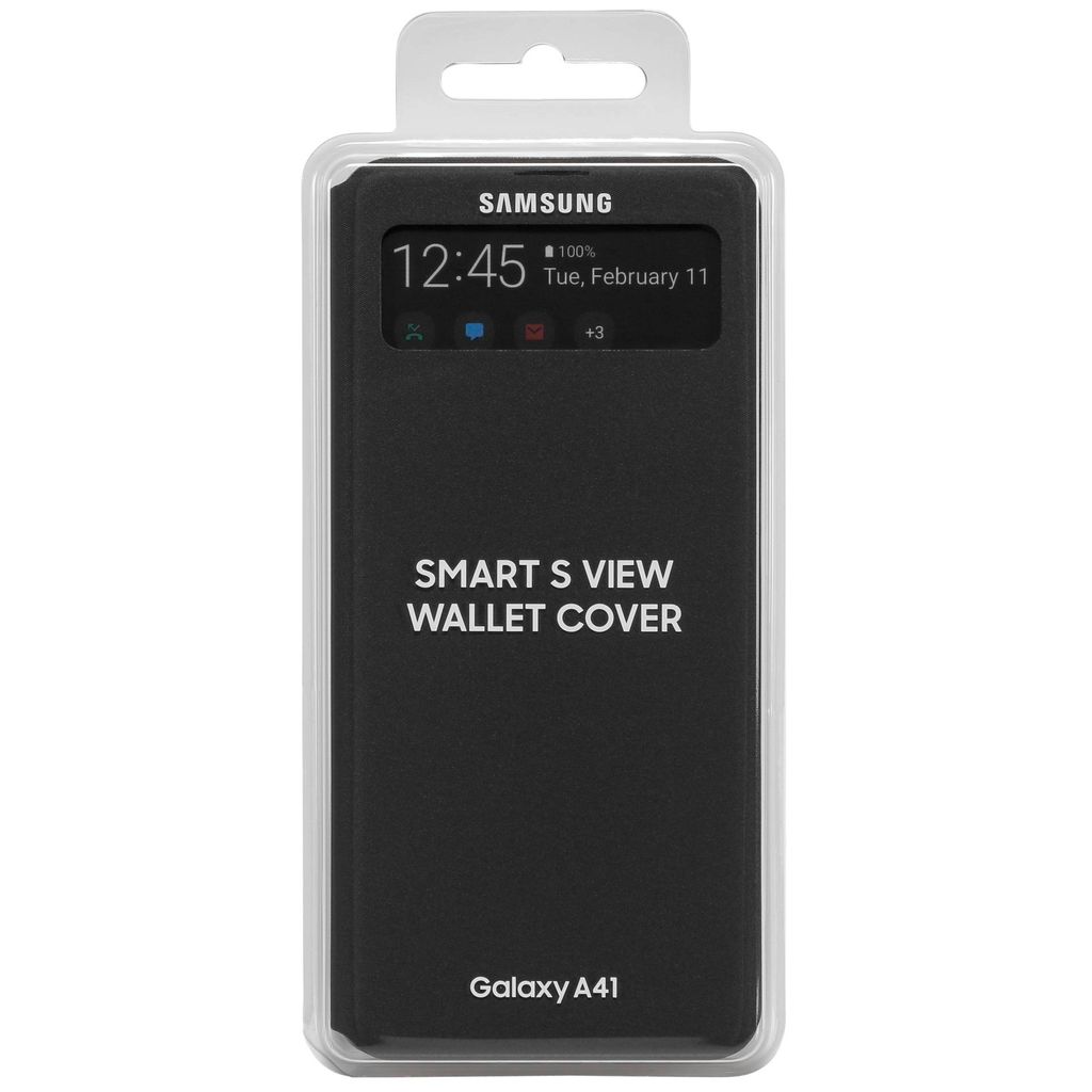 A black Samsung Galaxy A41 Smart S View Wallet Cover is shown in its retail packaging.