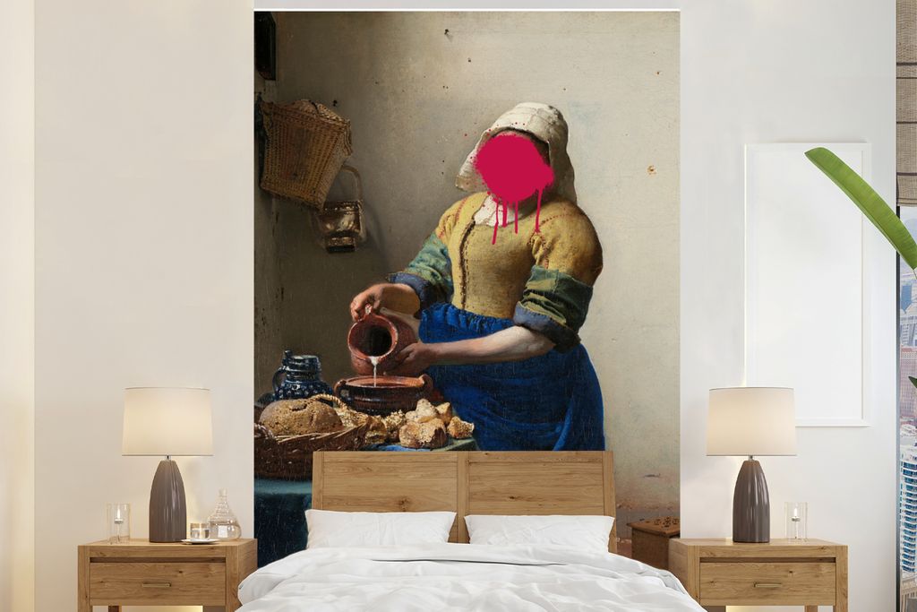 MuchoWow Fototapete für Wohnzimmer oder Schlafzimmer Wandtapete Vinyl Motivtapete Milchmädchen - Johannes Vermeer - Rosa - 155x240 cm - Tapete