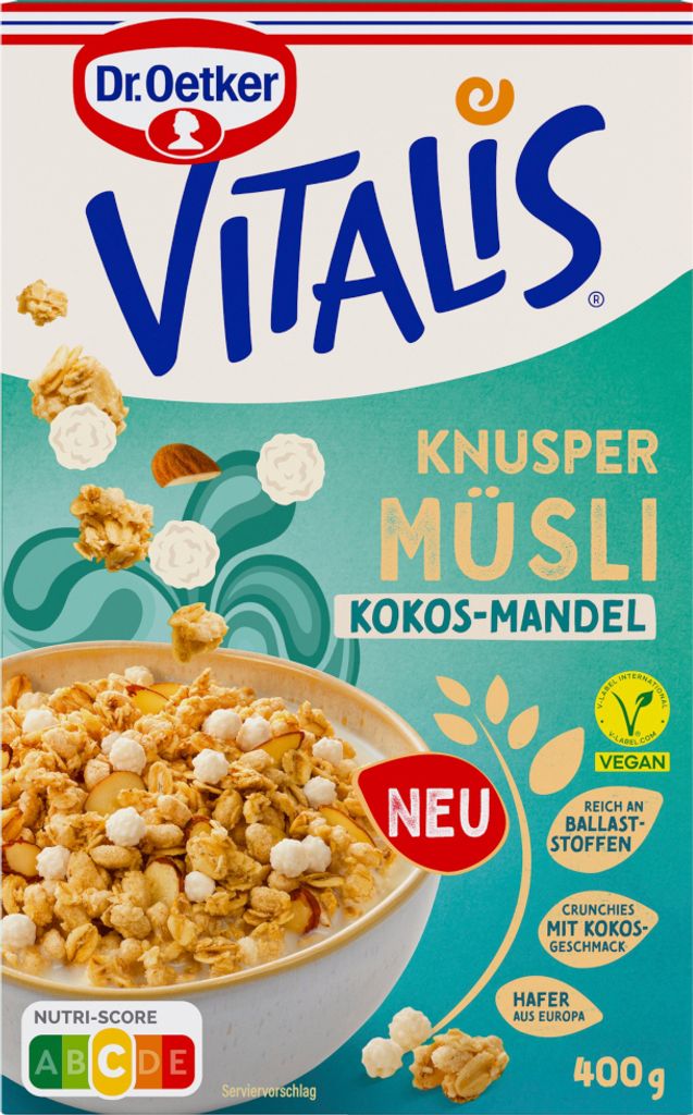 Dr. Oetker Vitalis Knusper Müsli mit Kokos Mandel Packung Produktbild 
