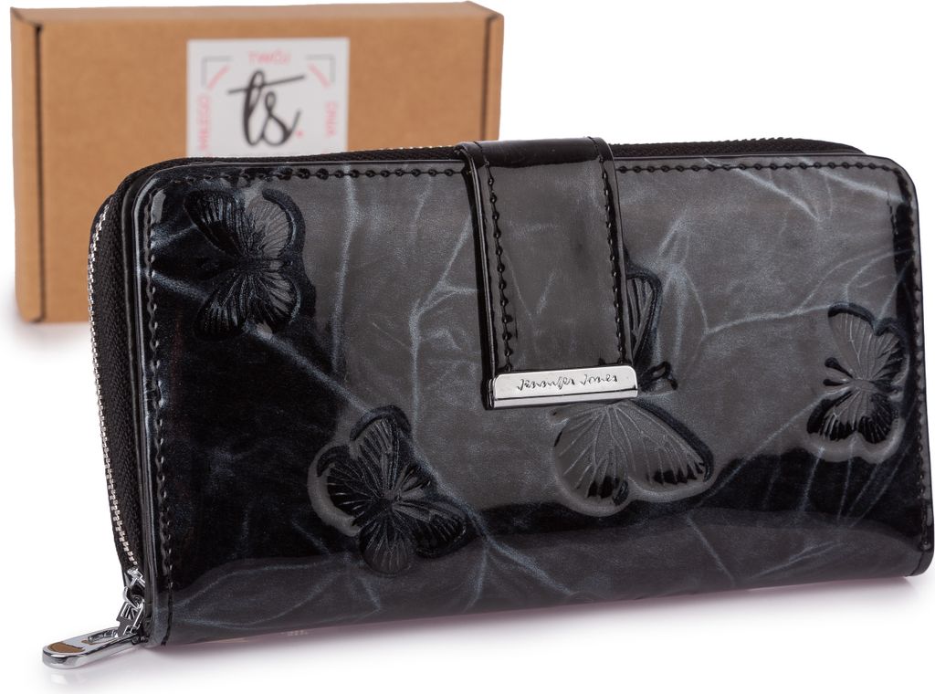 Jennifer Jones Damen-Portemonnaie echtes Leder Schmetterlingsprägung RFID-Schutz mit Geschenkbox groß Schwarz