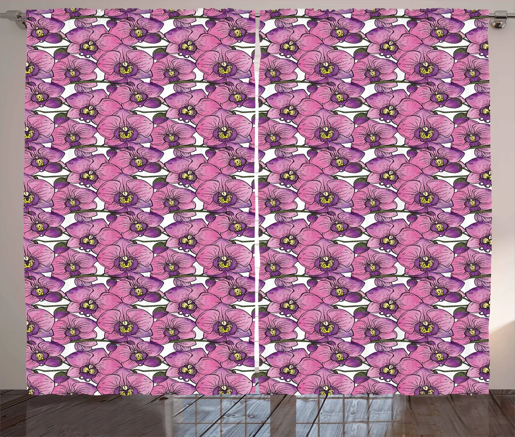 ABAKUHAUS Tenda rustica con motivi floreali, fiori di orchidea esotici, tenda con nastro arricciato per camera da letto con passanti e ganci, 280 x 175 cm, rosa, viola e giallo