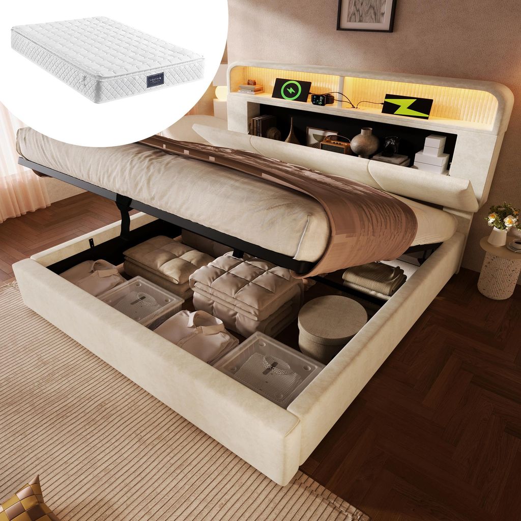 okwish Polsterbett 140x200 Jugendbett Stauraumbett mit Bettkasten und Matratze,Doppelbett mit LED-Beleuchtung und USB/Type-C,Bettgestell mit höhen...