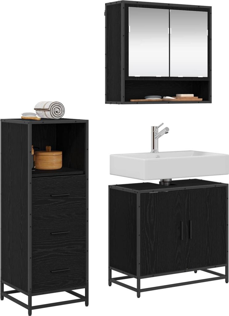 Badezimmermöbel-Set 3 pcs Schwarz Eichen-Optik Holzwerkstoff