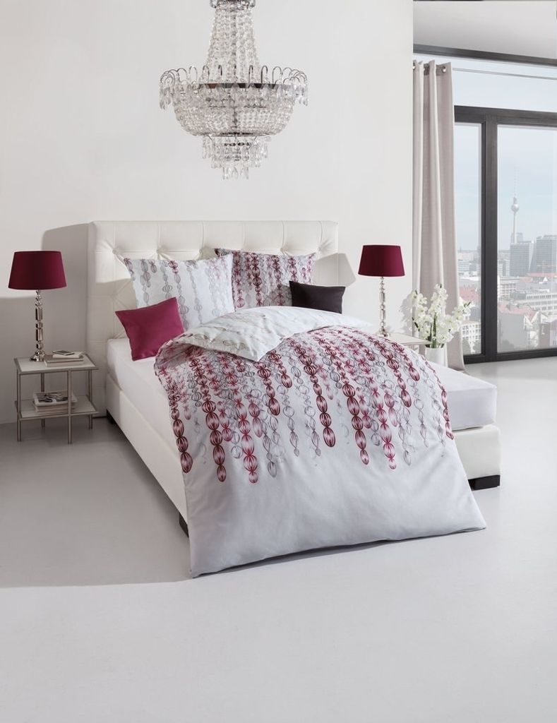 Kaeppel Mako-Satin Bettwäsche Pearls Burgund Taube 100% Baumwolle Reißverschluss Bettbezug Kissenbezug Bettgarnitur Bettwäsche-Set 155x220 cm