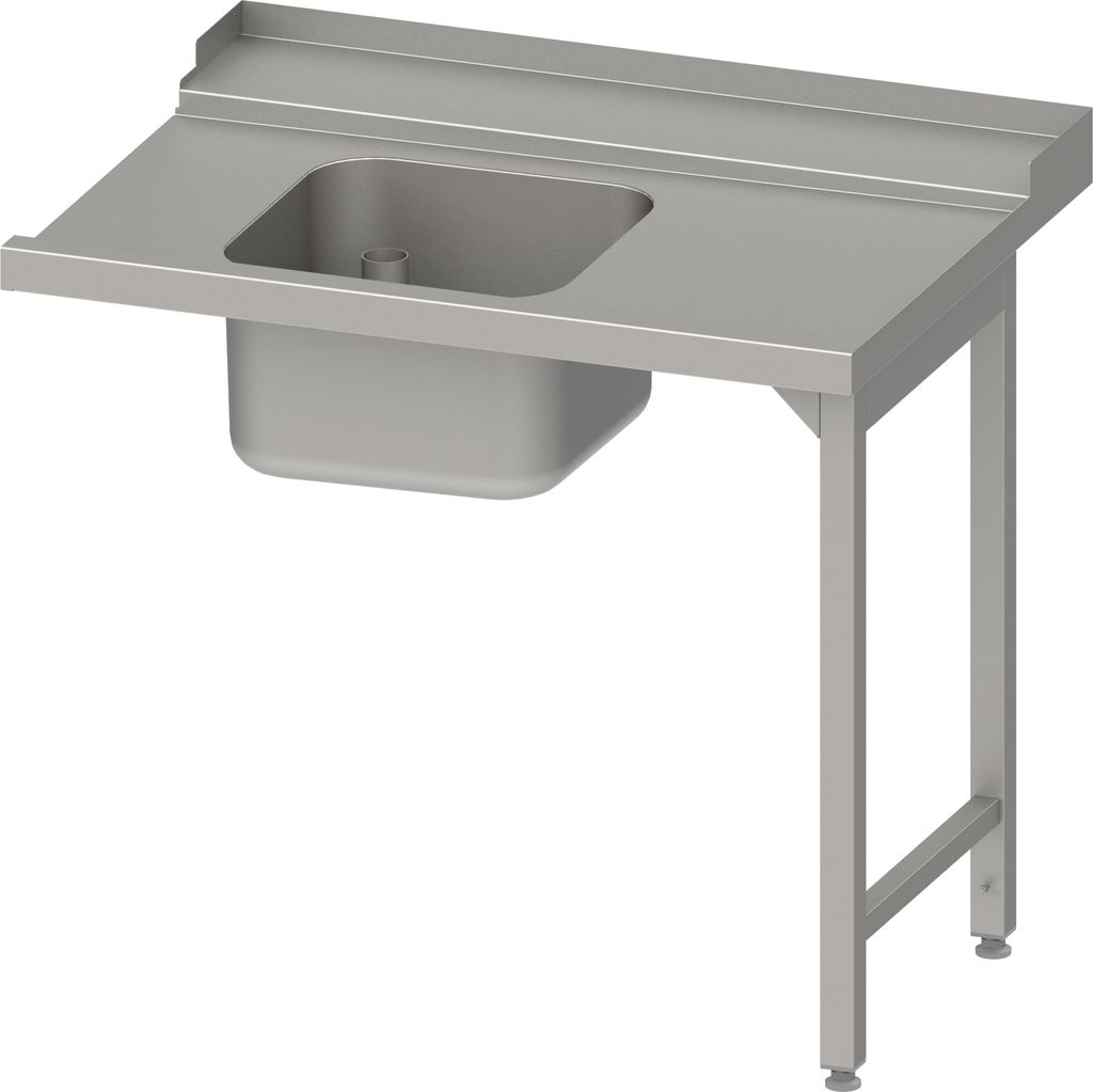 Zulauftisch, Korbführung mit Gefälle, auf zwei Beinen mit einem Becken 900x750x880 mm, Anbauseite rechts, mit Aufkantung, verschweißt