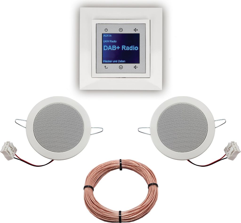 BERKER Unterputz DAB+ Radio 29848989 polarweiß glänzend mit 1fach Rahmen Berker + 2 x Deckenlautsprecher Einbaulautsprecher + 20 Meter EBROM Laut...