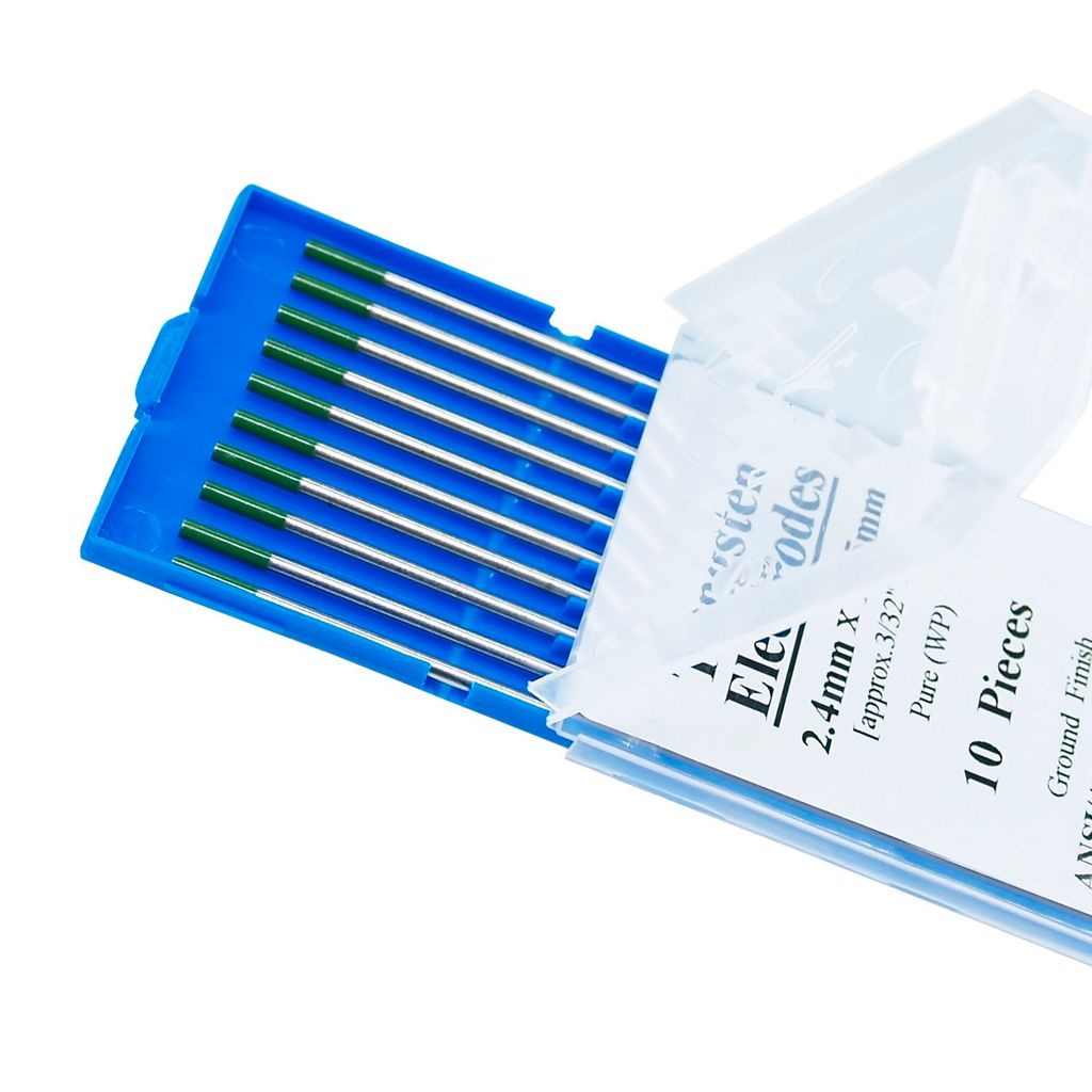 A close-up view of welding electrodes in a blue plastic case, with some packaging text visible.