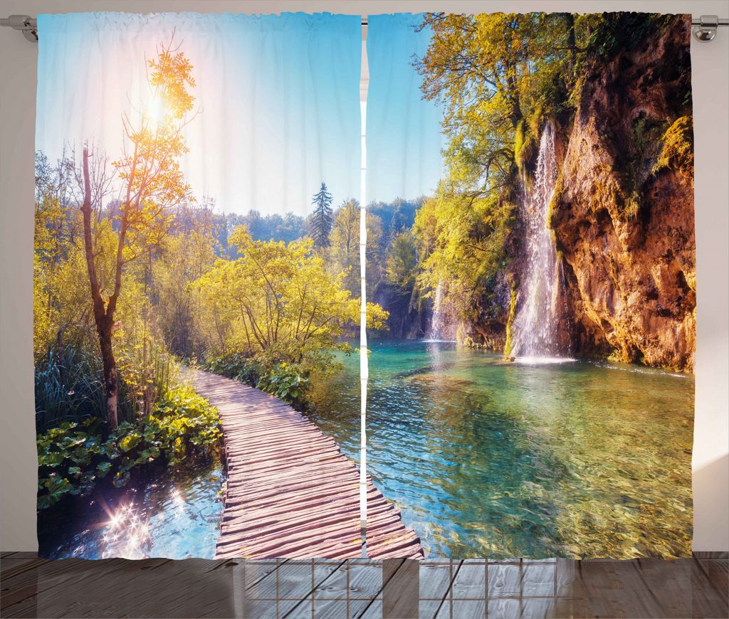 ABAKUHAUS Natur Rustikaler Vorhang, Idyllische See Wasserfall, Wohnzimmer Universalband Gardinen mit Schlaufen und Haken, 280 x 245 cm, Mehrfarbig