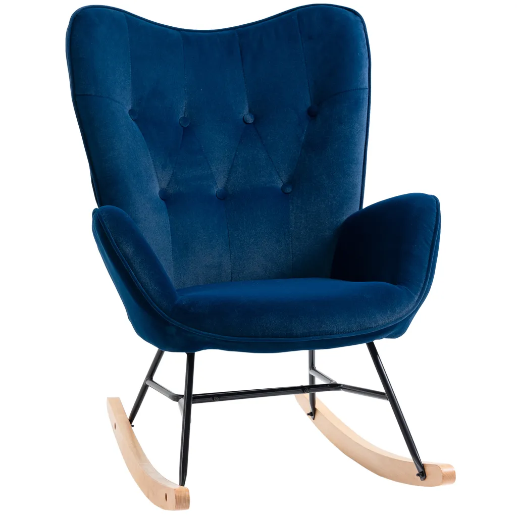 Fauteuil Allaitement Confortable, Rocking Chair Design Velours Bleu