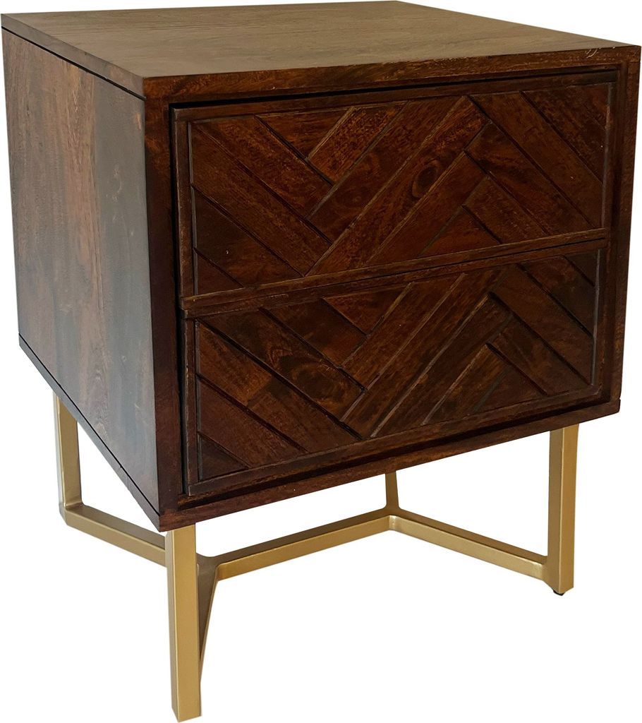 FineBuy Nachttisch Akazie Massivholz Braun mit 2 Schubladen & goldenem Metallgestell – Nachtkommode modern, Nachtkästchen für Boxspringbett