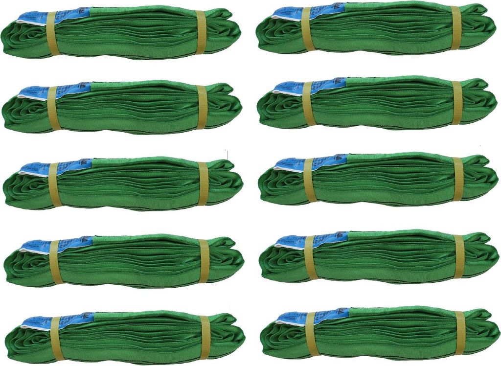 Ten green lifting slings are arranged in two columns on a white background.