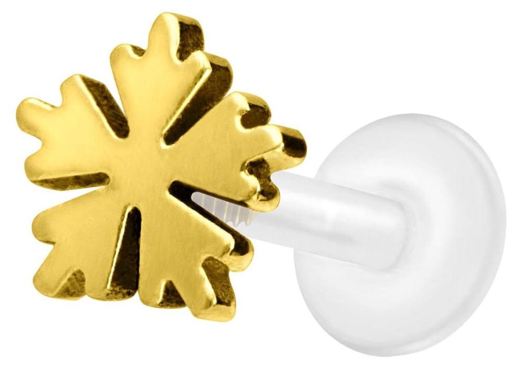 Ohrpiercing, Nasenpiercing PTFE Labret mit Innengewinde + Titan-Aufsatz SCHNEEFLOCKE Gold Stablänge: 9mm | Stabstärke: 1,2mm
