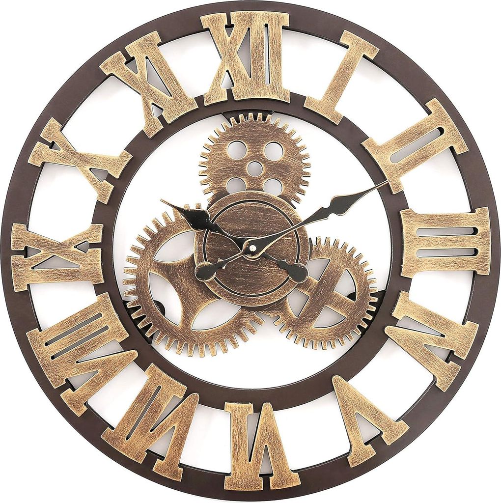 Riesige Wanduhr, geräuschlose Original-Wanduhr aus Industrieholz für die Heimdekoration (Kupfer, 58 cm)