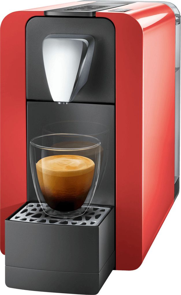 A red coffee capsule machine with a glass cup of coffee on its drip tray.