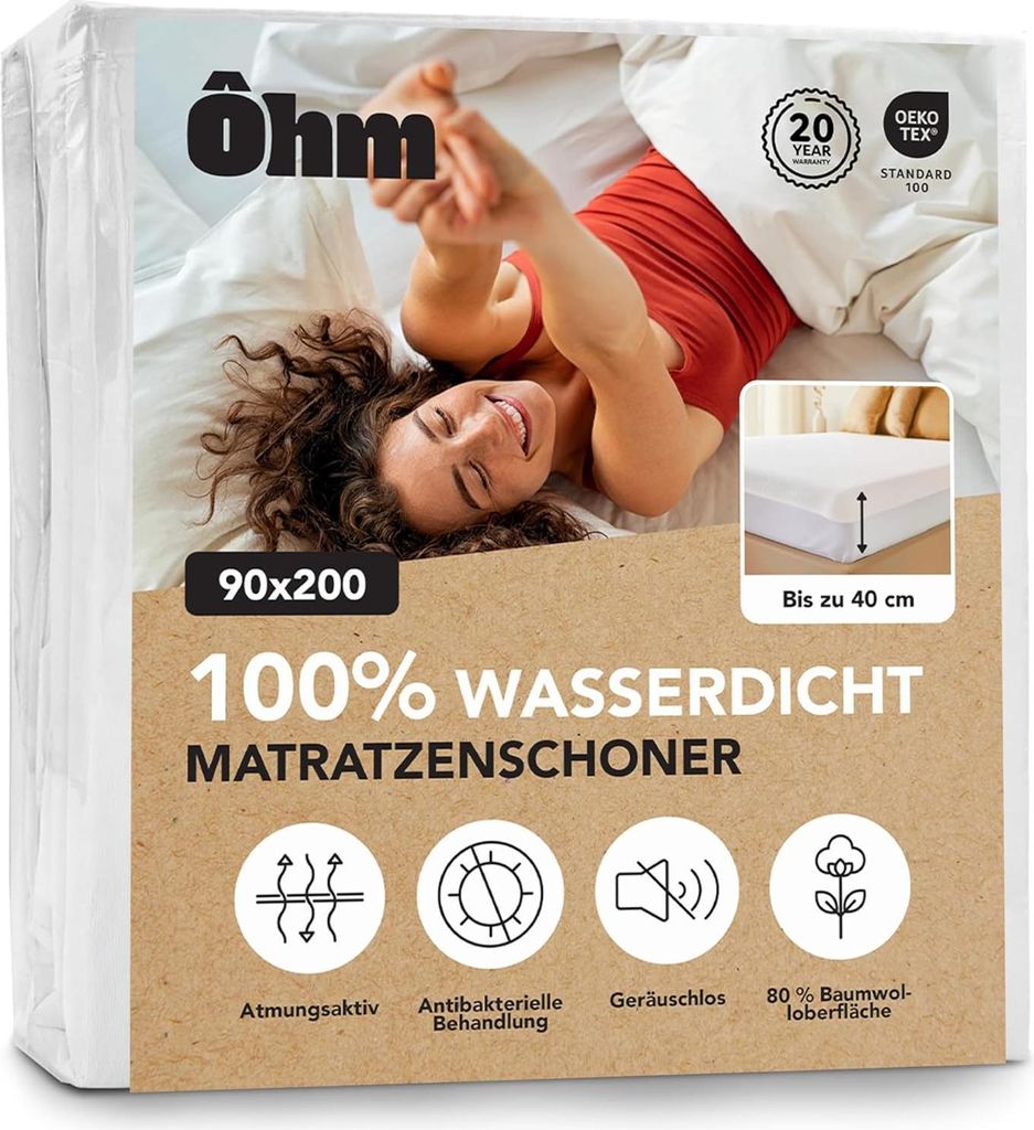 Matratzenschoner 90 x 200 cm | Matratzenauflage Wasserdicht & geräuschlos Hypoallergene saugfähige Baumwolle Anti-Milben Rundum bis 40 | Ôhm