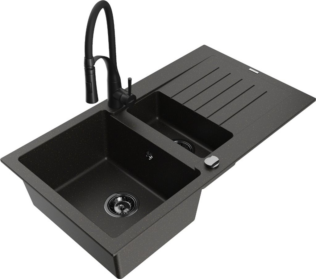 Mexen Matias 1,5-Becken-Granitspüle mit Abtropffläche und Mischbatterie Aster, Schwarz/Gold metallisch - 6502-75-73450-70-B